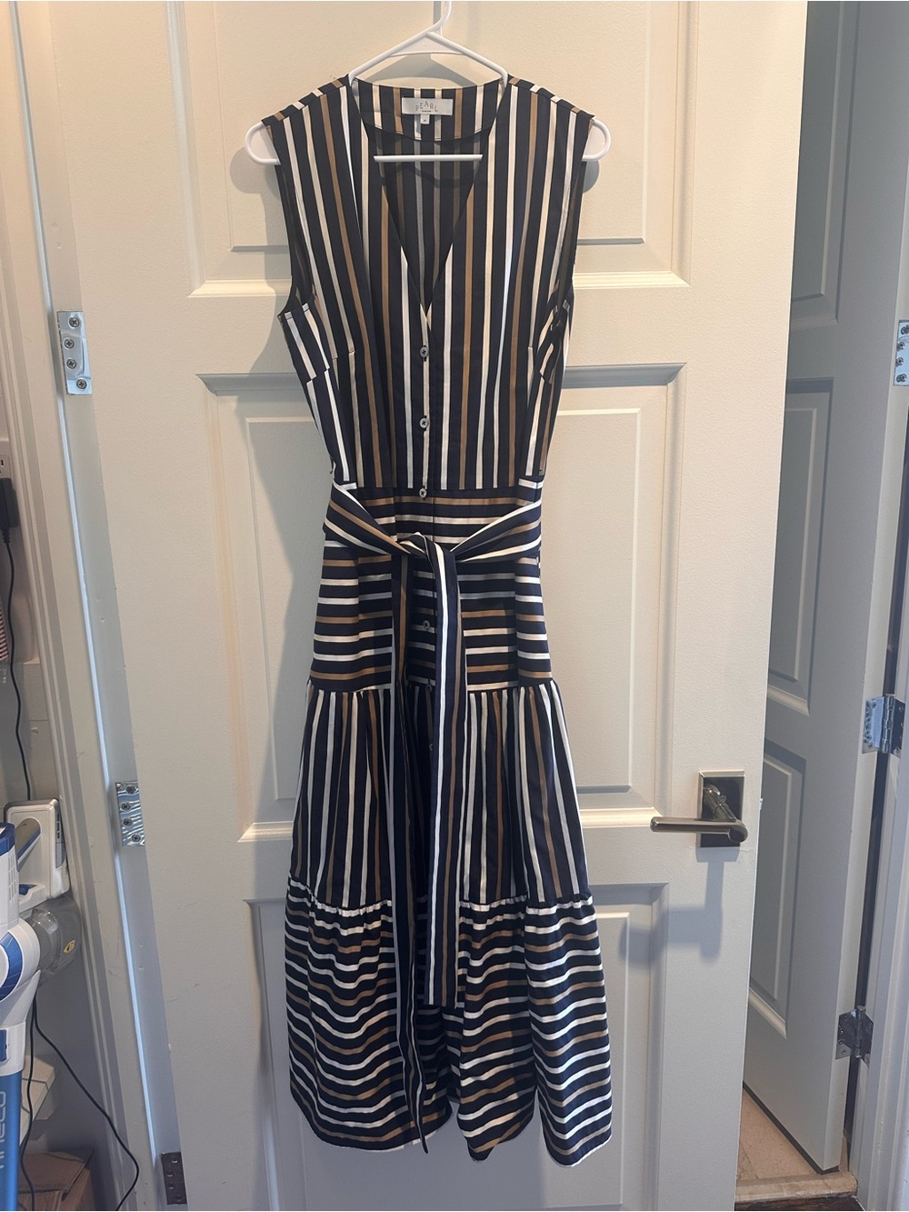 Pearl by Lela Rose Striped Cotton Sleeveless Shirt Dress in Navy/Wht/Tan Size M
